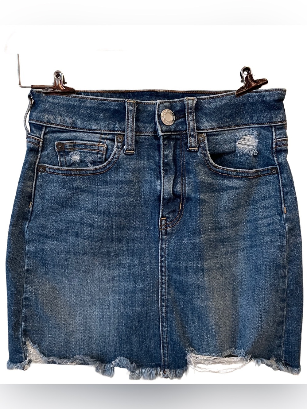 American Eagle Denim Mini Skirt Size 00 medium  Wash Distressed super stretch